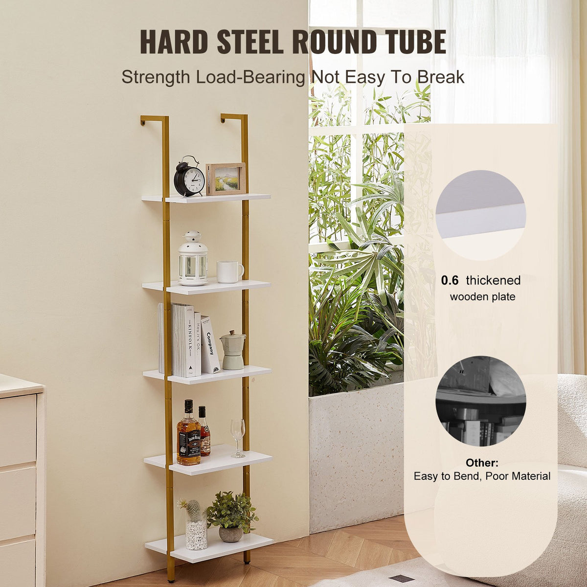 Ladder Shelf 5-Tier 15.6x11.8in Wall-Mounted Metal Storage Rack Gold White