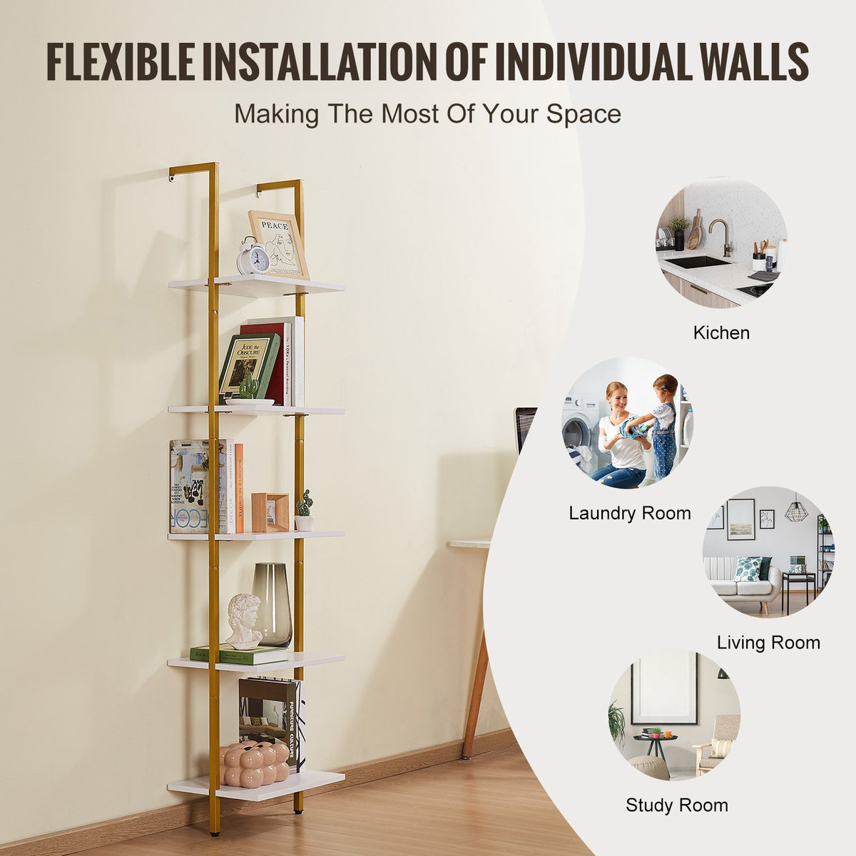 Ladder Shelf 5-Tier 15.6x11.8in Wall-Mounted Metal Storage Rack Gold White