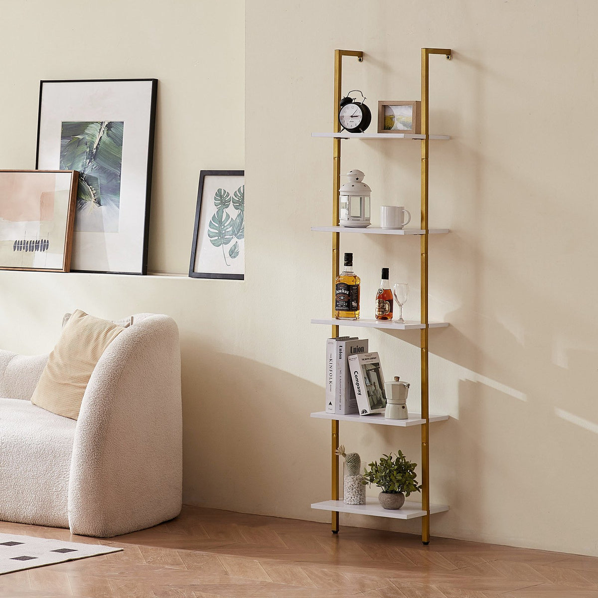 Ladder Shelf 5-Tier 15.6x11.8in Wall-Mounted Metal Storage Rack Gold White
