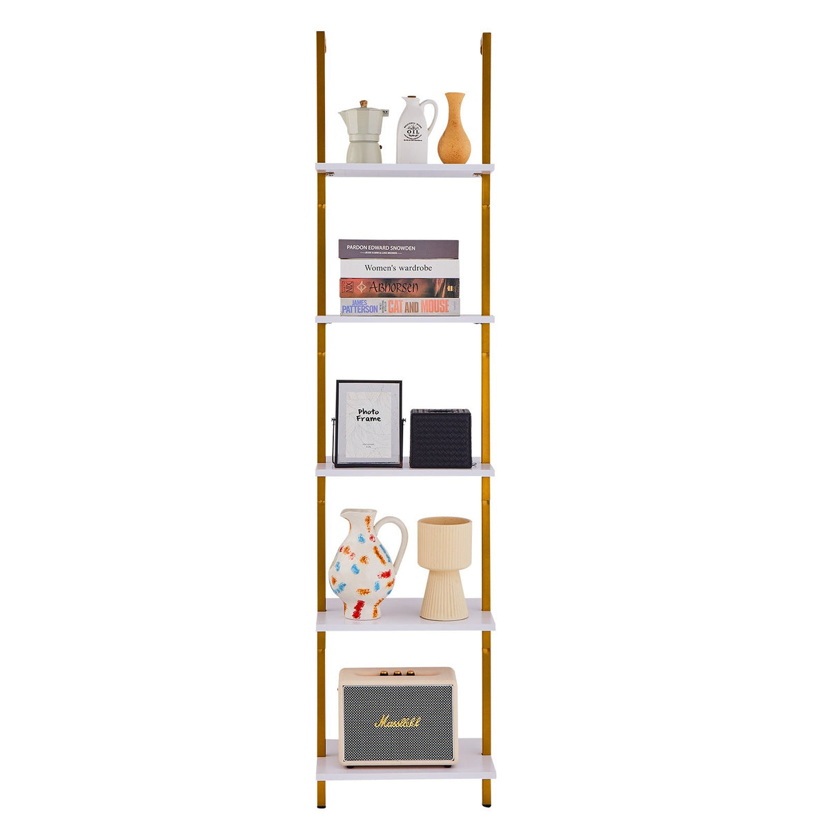 Ladder Shelf 5-Tier 15.6x11.8in Wall-Mounted Metal Storage Rack Gold White