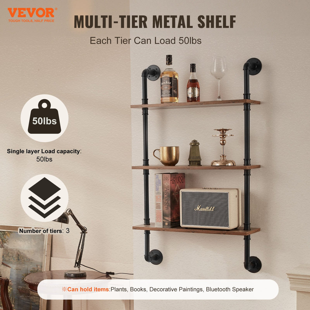 Industrial Pipe Shelf 3 Tier 24x7.87in Wall-Mount RusticWood Bookshelf Black