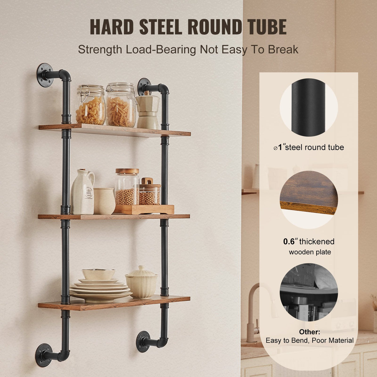 Industrial Pipe Shelf 3 Tier 24x7.87in Wall-Mount RusticWood Bookshelf Black