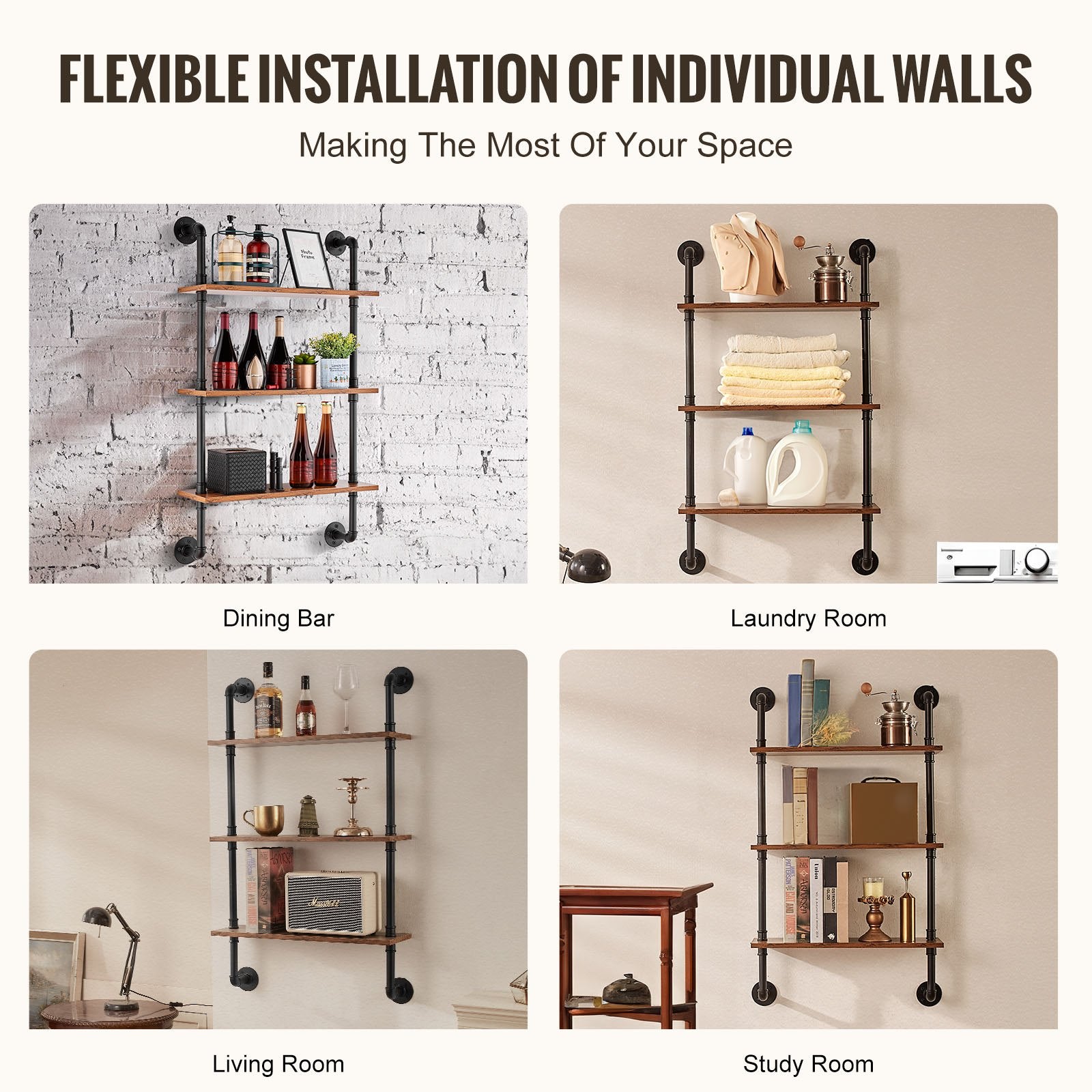 Industrial Pipe Shelf 3 Tier 24x7.87in Wall-Mount RusticWood Bookshelf Black