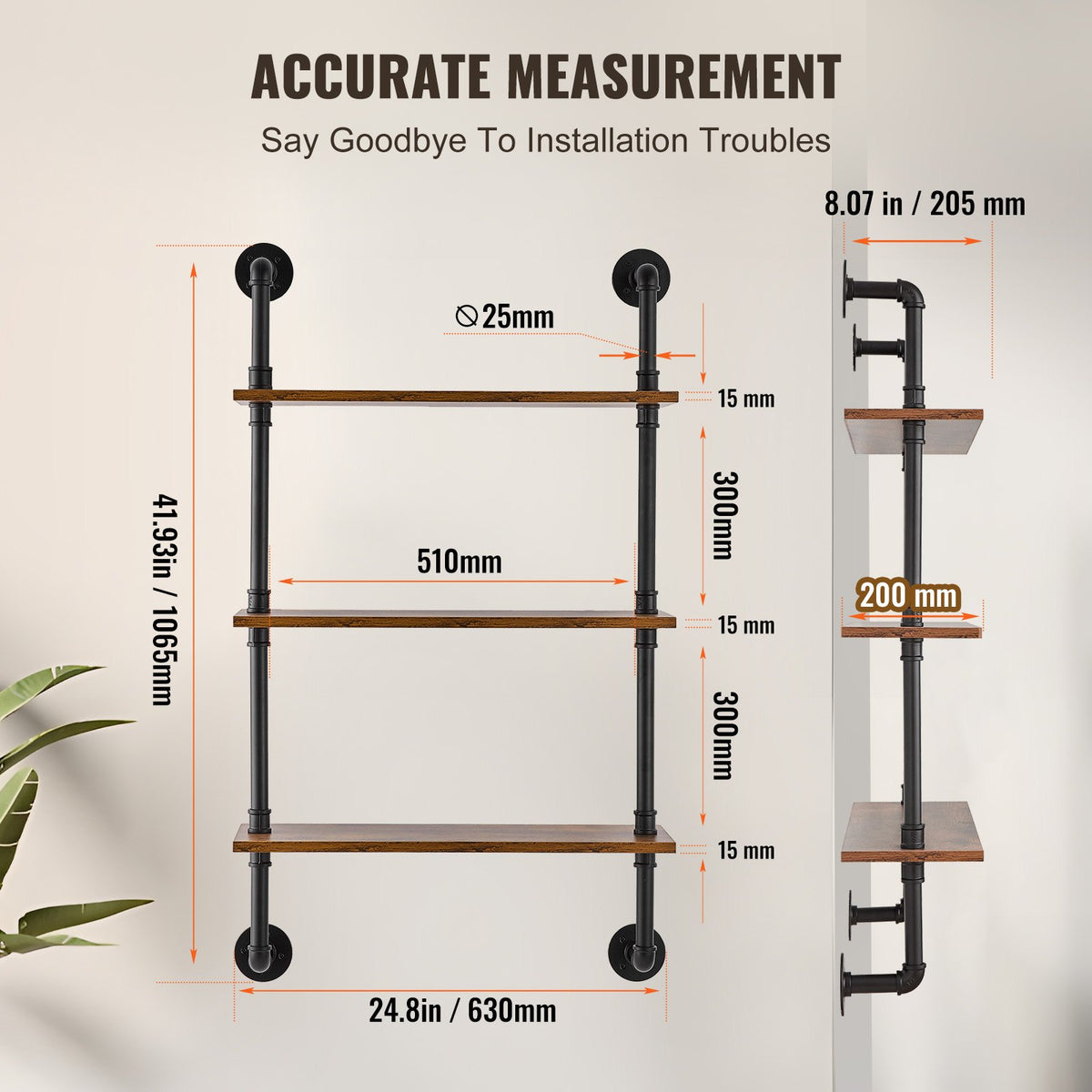 Industrial Pipe Shelf 3 Tier 24x7.87in Wall-Mount RusticWood Bookshelf Black