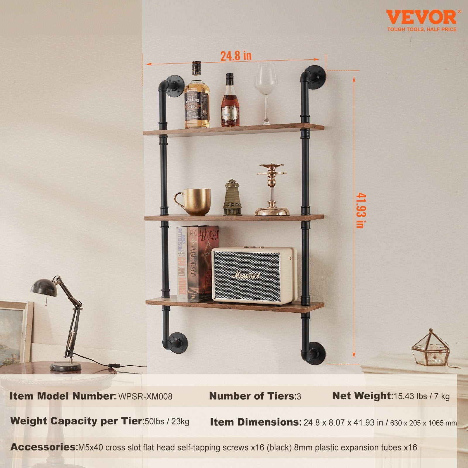 Industrial Pipe Shelf 3 Tier 24x7.87in Wall-Mount RusticWood Bookshelf Black