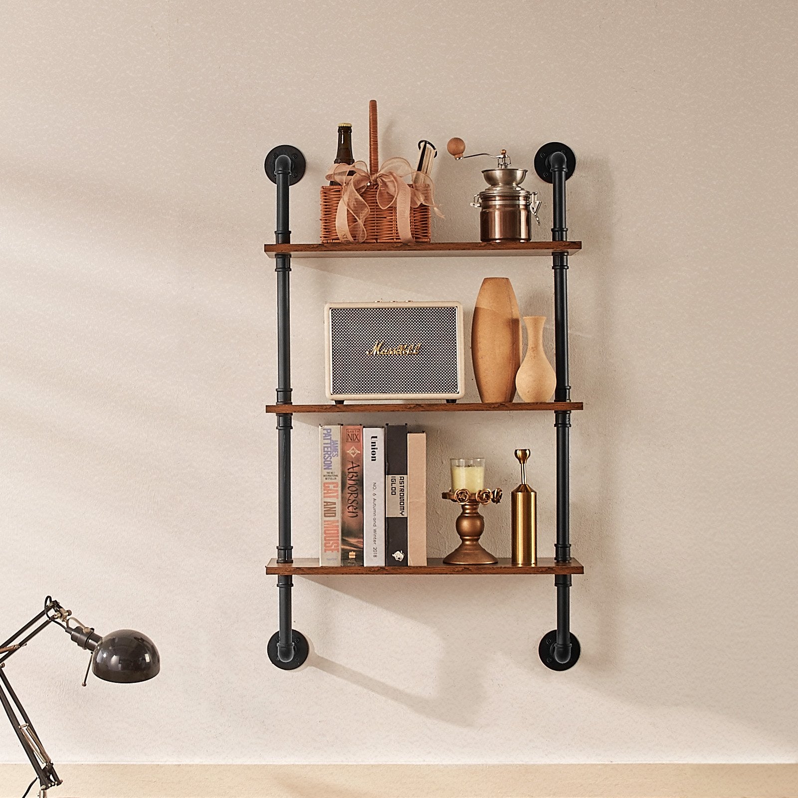 Industrial Pipe Shelf 3 Tier 24x7.87in Wall-Mount RusticWood Bookshelf Black