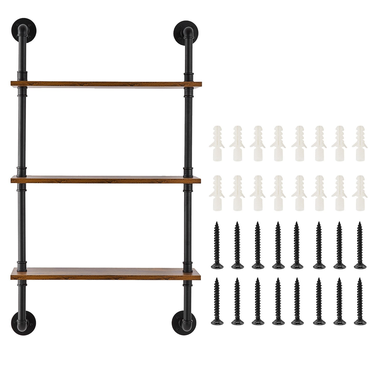 Industrial Pipe Shelf 3 Tier 24x7.87in Wall-Mount RusticWood Bookshelf Black