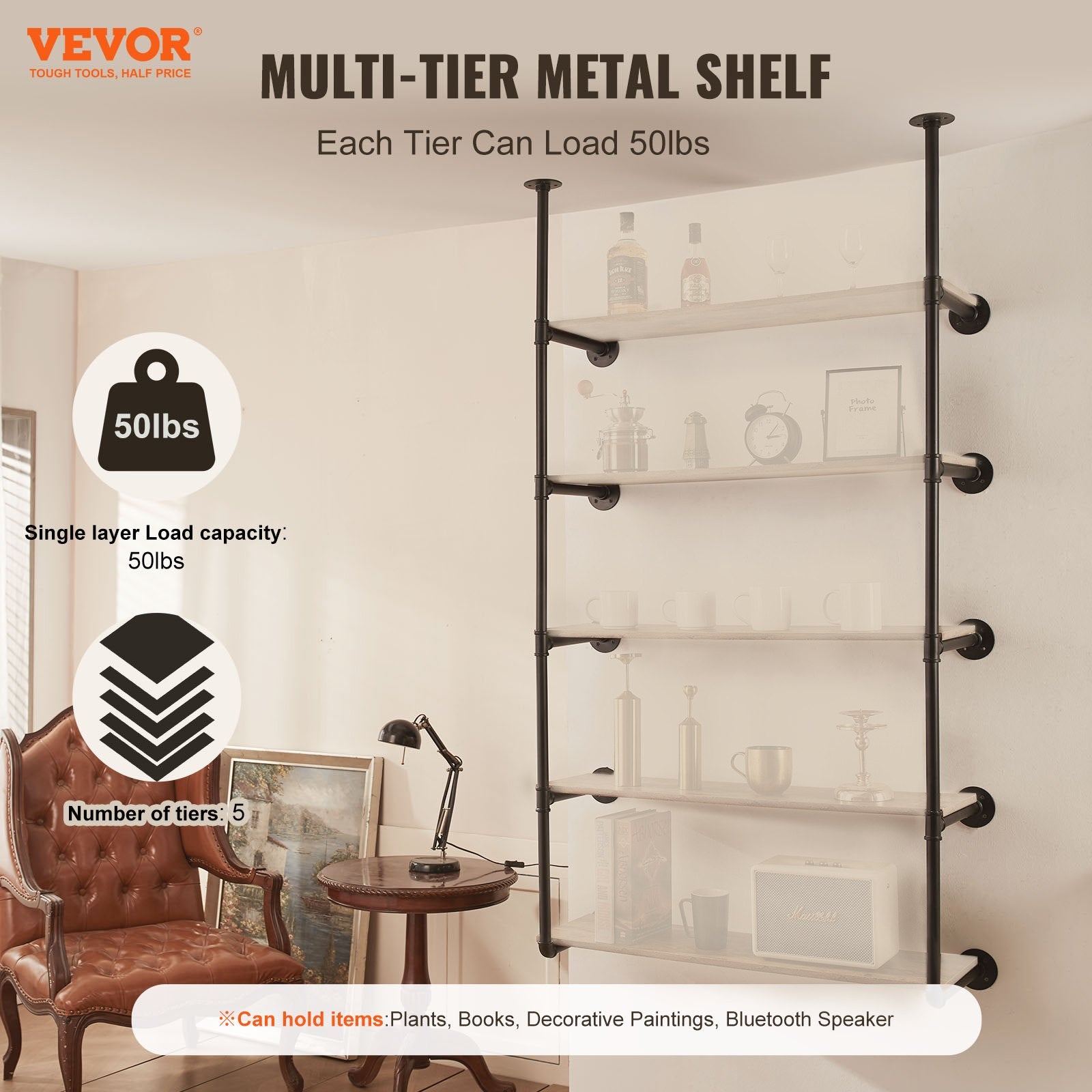 Industrial Pipe Shelf 5 Tier 2PCS 9.84in Wall-Mount RusticWood Bracket No Planks