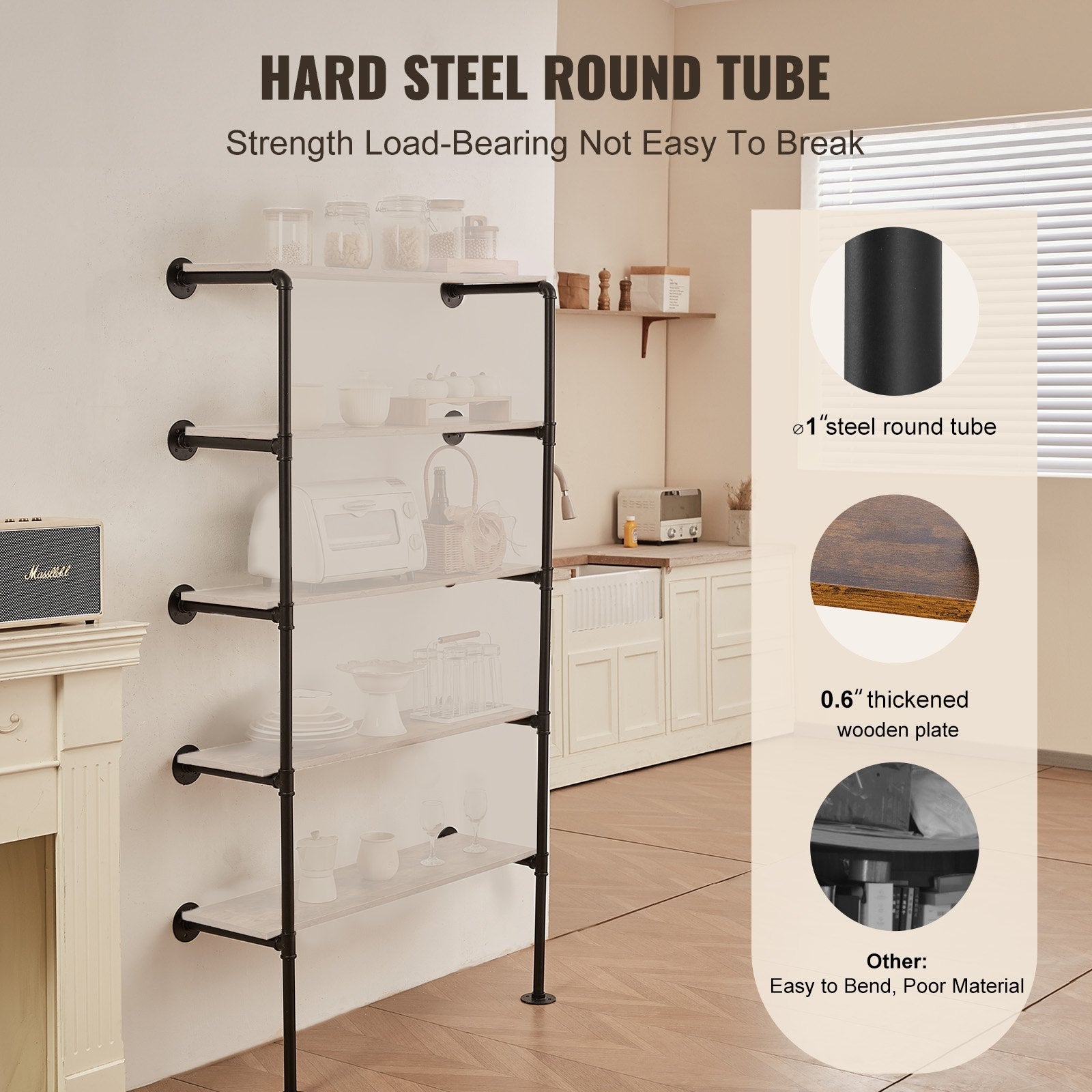 Industrial Pipe Shelf 5 Tier 2PCS 9.84in Wall-Mount RusticWood Bracket No Planks
