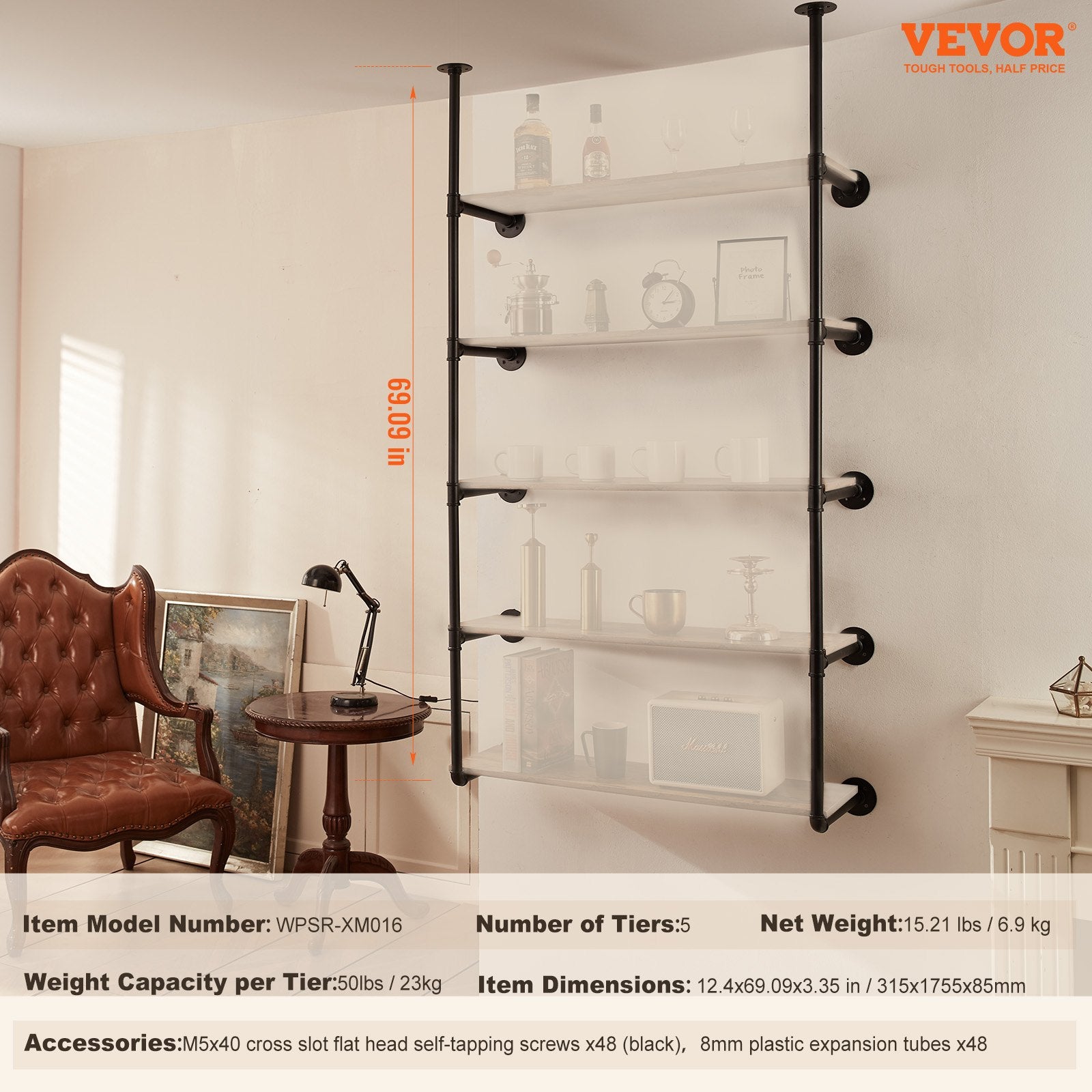 Industrial Pipe Shelf 5 Tier 2PCS 9.84in Wall-Mount RusticWood Bracket No Planks