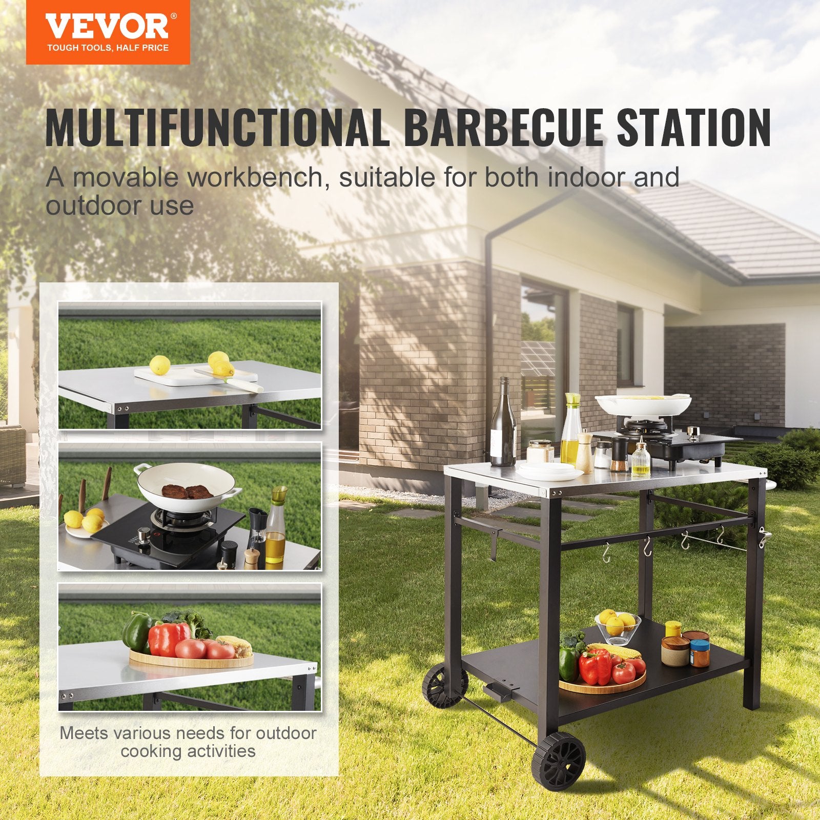 Outdoor Grill Dining Cart Double-Shelf BBQ Stainless Steel Table with Wheels