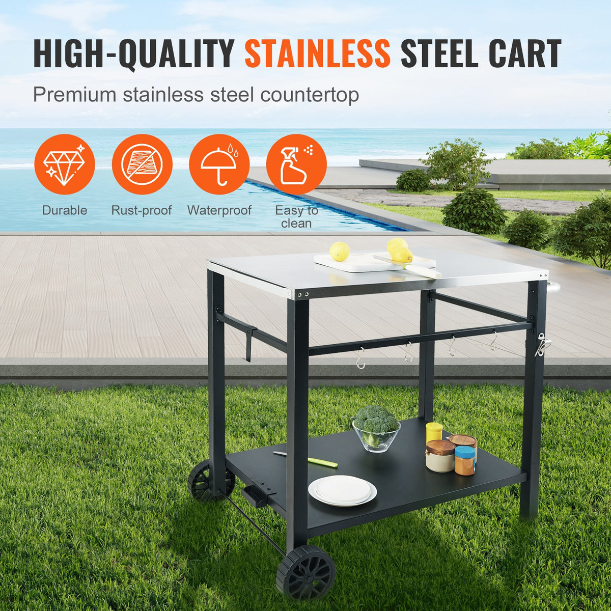 Outdoor Grill Dining Cart Double-Shelf BBQ Stainless Steel Table with Wheels