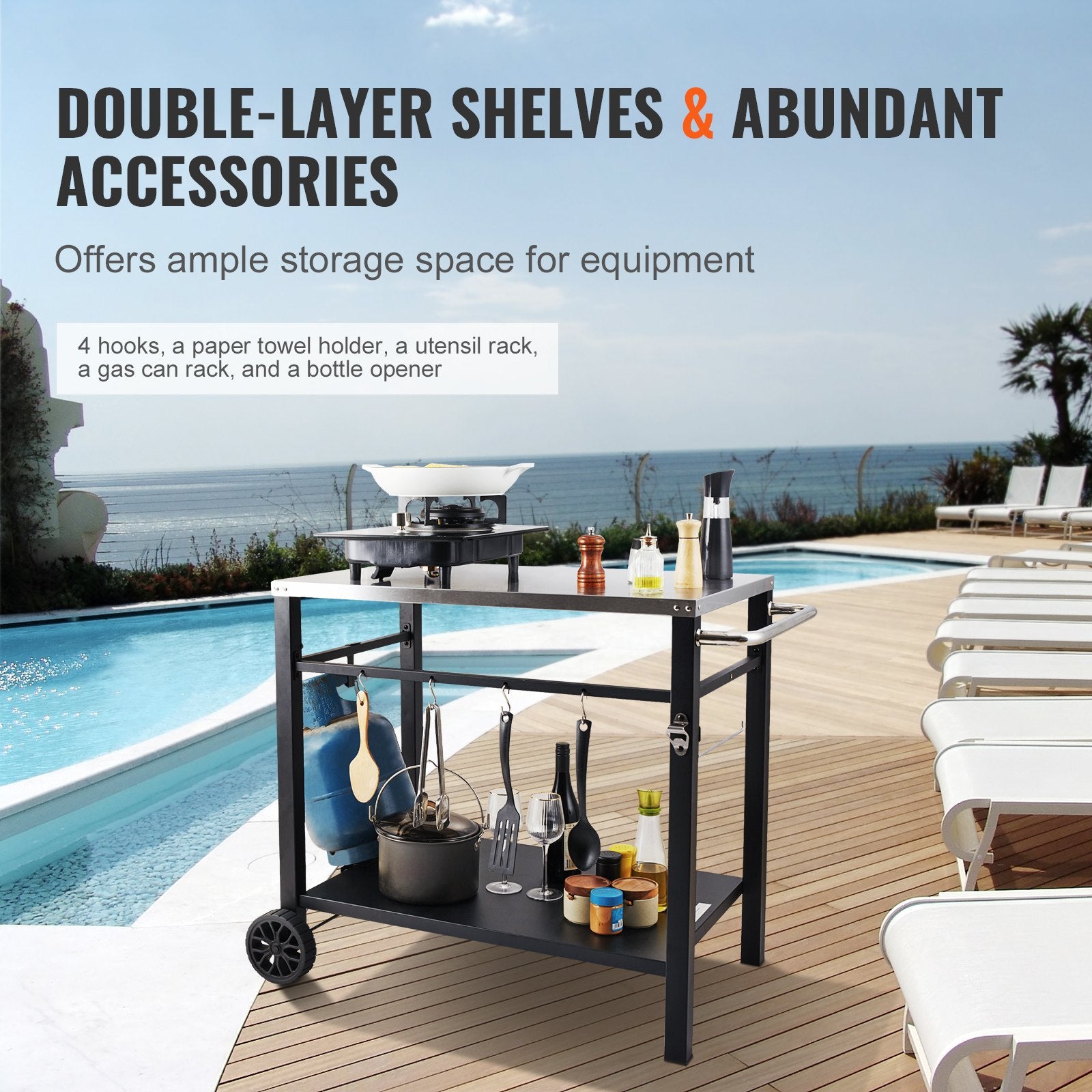 Outdoor Grill Dining Cart Double-Shelf BBQ Stainless Steel Table with Wheels