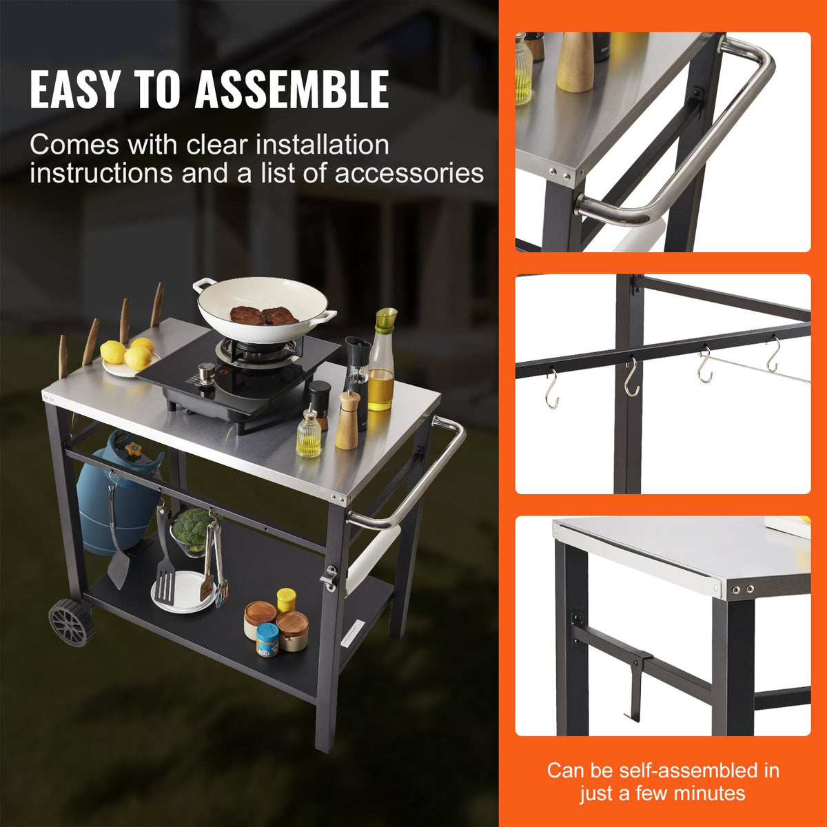 Outdoor Grill Dining Cart Double-Shelf BBQ Stainless Steel Table with Wheels