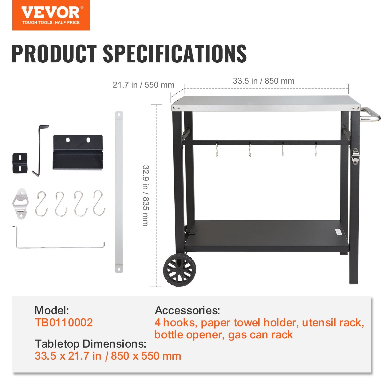 Outdoor Grill Dining Cart Double-Shelf BBQ Stainless Steel Table with Wheels