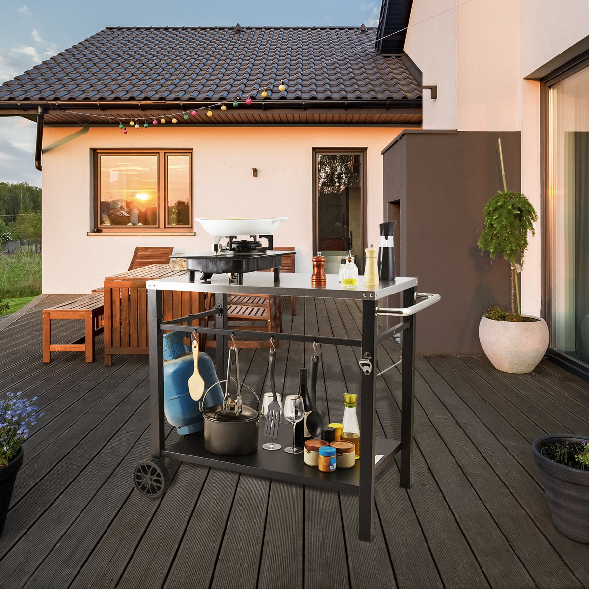 Outdoor Grill Dining Cart Double-Shelf BBQ Stainless Steel Table with Wheels