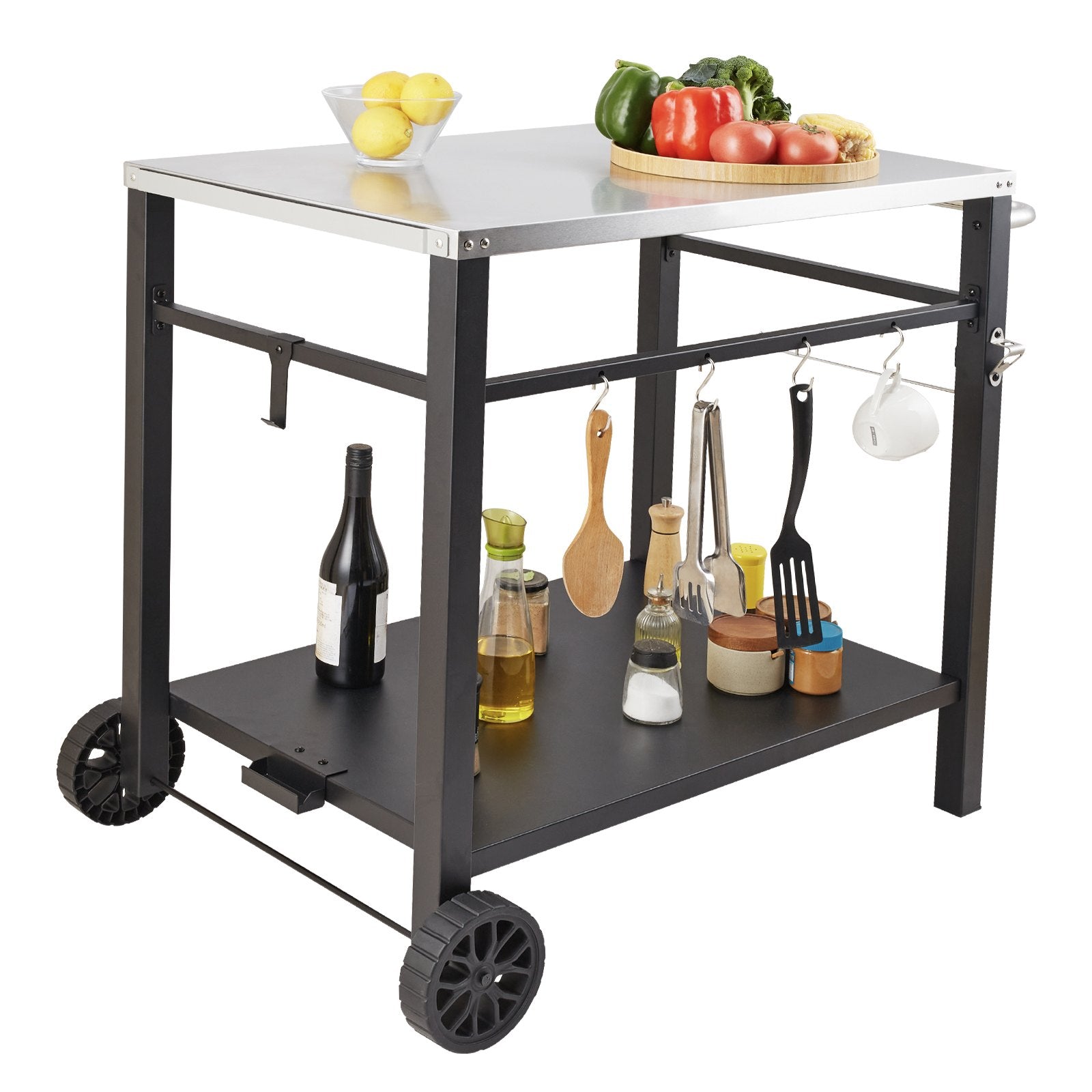 Outdoor Grill Dining Cart Double-Shelf BBQ Stainless Steel Table with Wheels