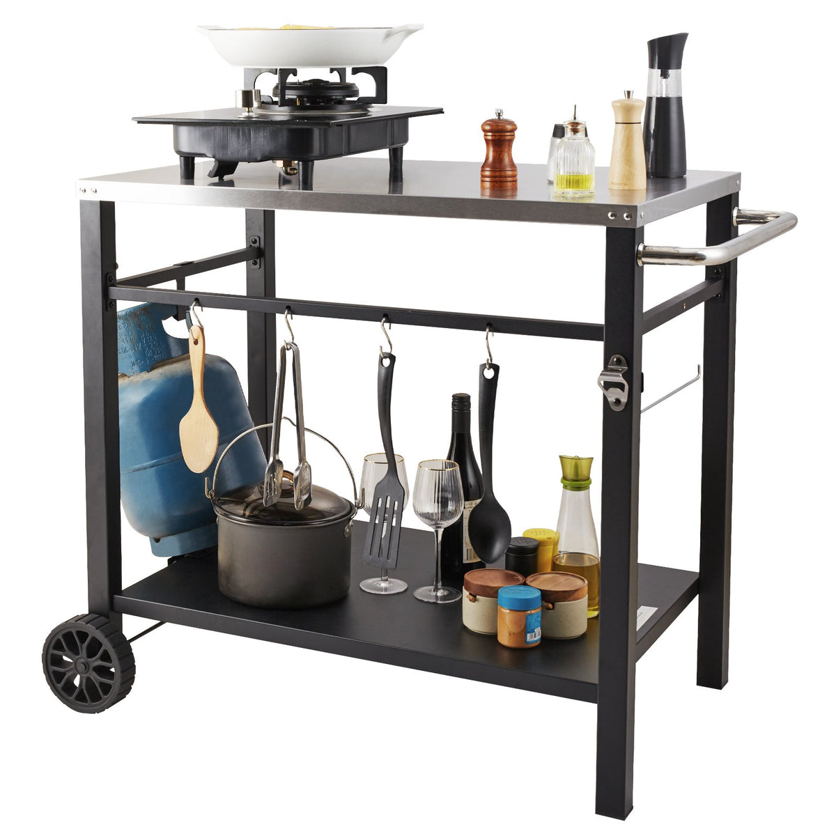 Outdoor Grill Dining Cart Double-Shelf BBQ Stainless Steel Table with Wheels