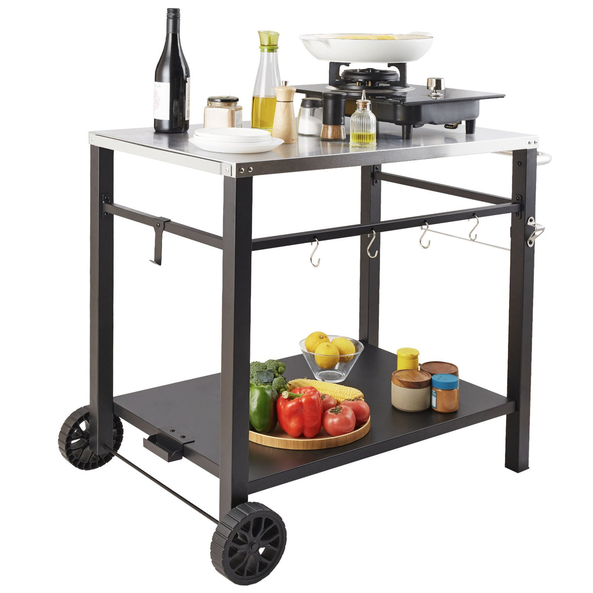 Outdoor Grill Dining Cart Double-Shelf BBQ Stainless Steel Table with Wheels