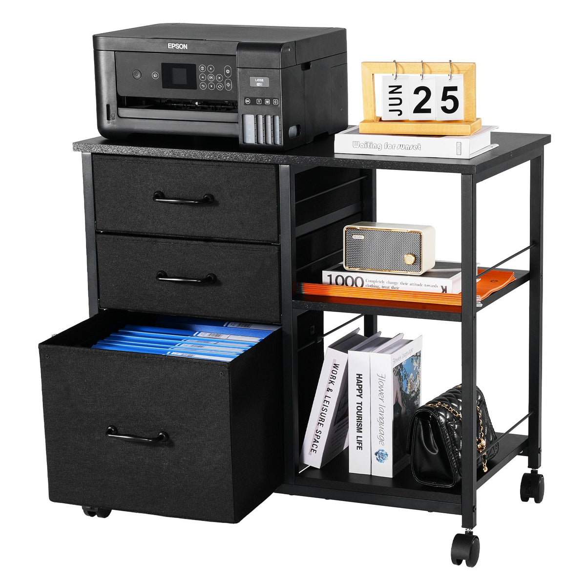 Metal File Cabinet Mobile 3 Fabric Drawers 2 Open Shelves Wooden Storage Black