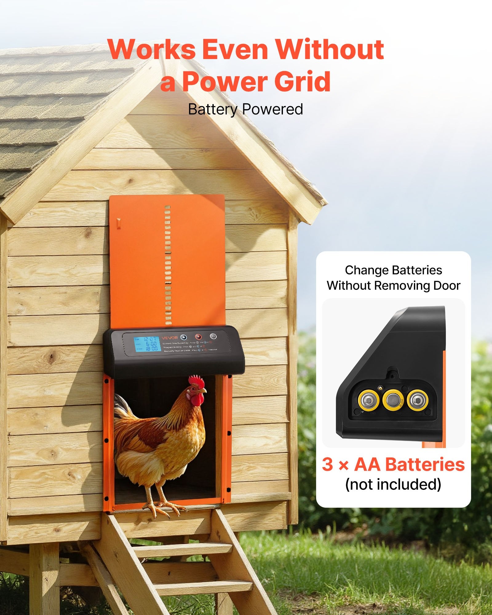 Automatic Chicken Coop Door Battery Powered Timer Anti-Pinch Aluminum Orange