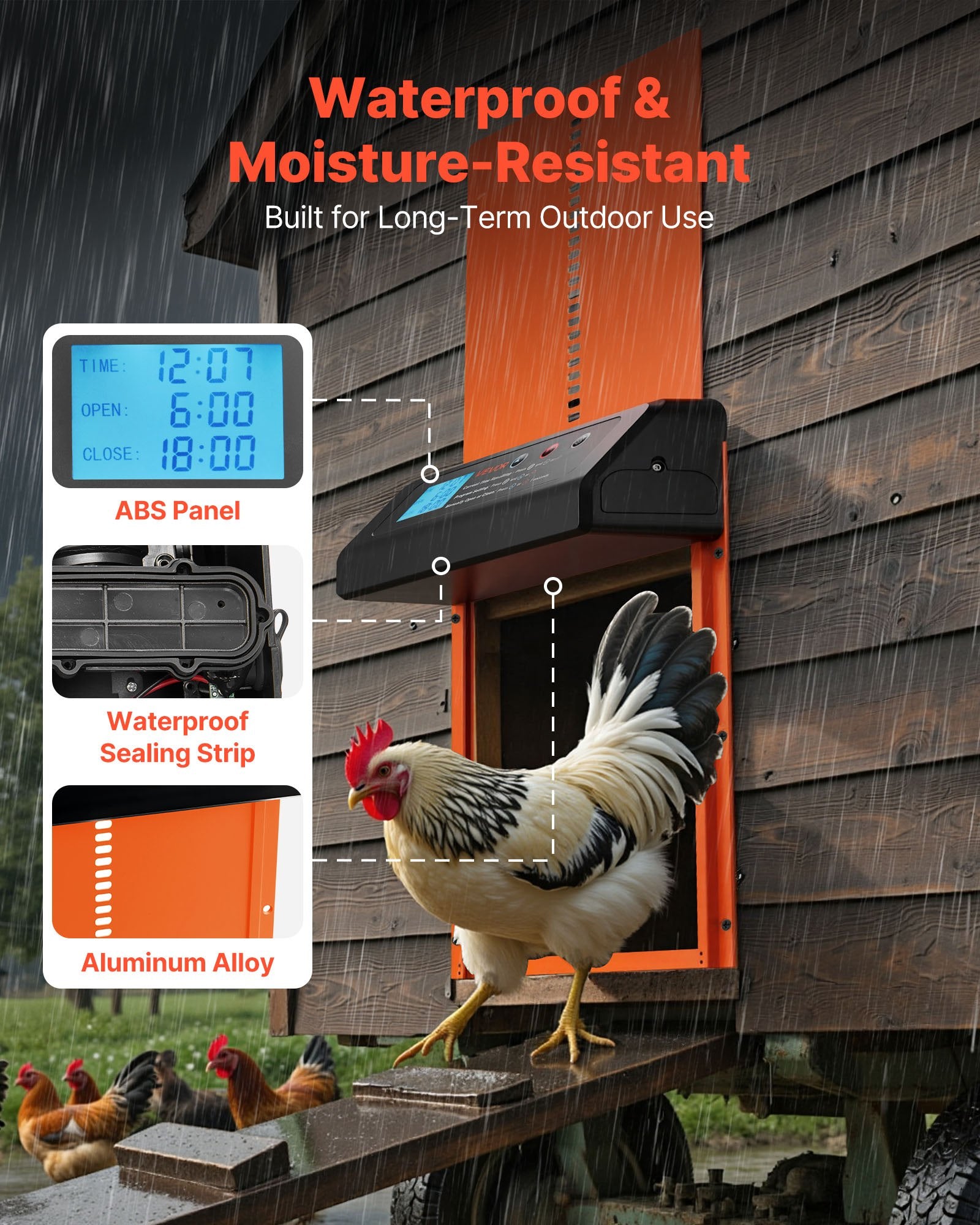 Automatic Chicken Coop Door Battery Powered Timer Anti-Pinch Aluminum Orange