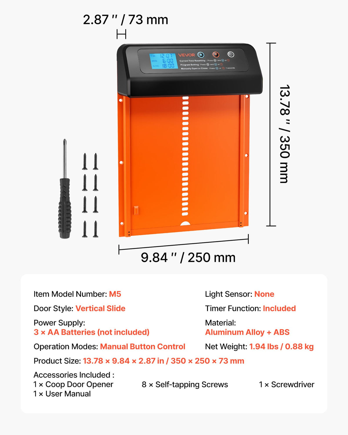 Automatic Chicken Coop Door Battery Powered Timer Anti-Pinch Aluminum Orange