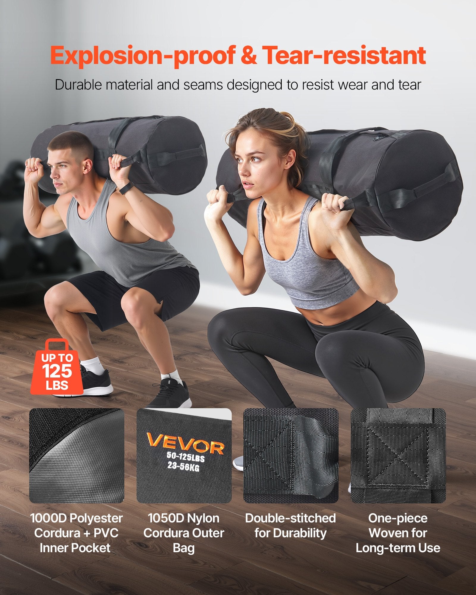 Workout Sandbag Adjustable 23-56kg Heavy Duty Handles Strength Training Black