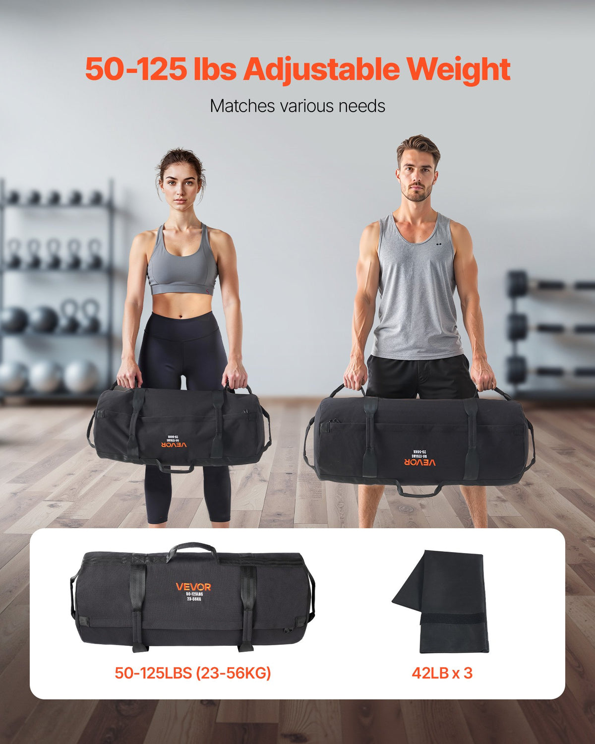 Workout Sandbag Adjustable 23-56kg Heavy Duty Handles Strength Training Black