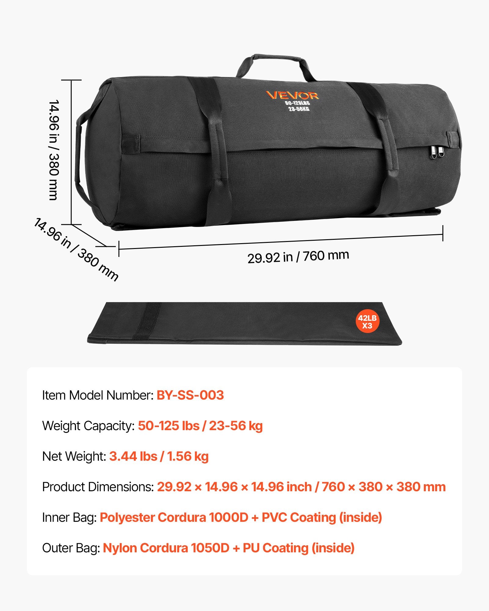 Workout Sandbag Adjustable 23-56kg Heavy Duty Handles Strength Training Black