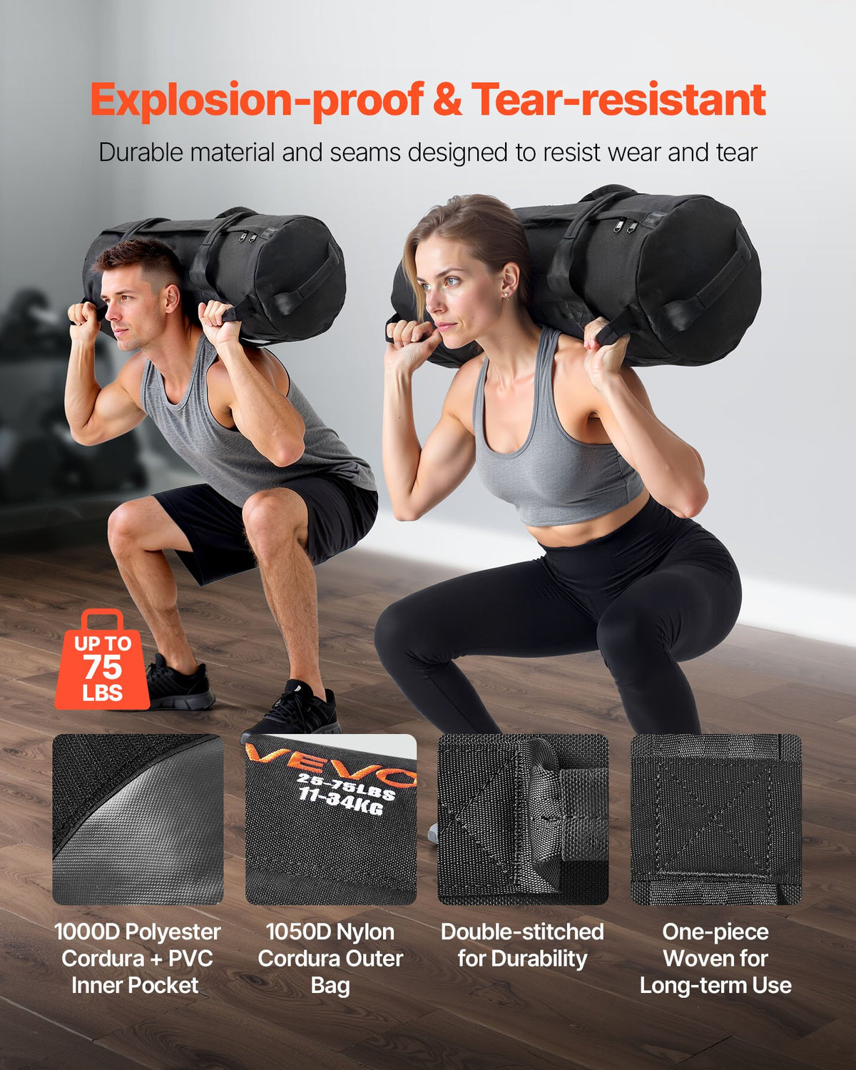 Workout Sandbag Adjustable 11-34kg Heavy Duty Handles Strength Training Black