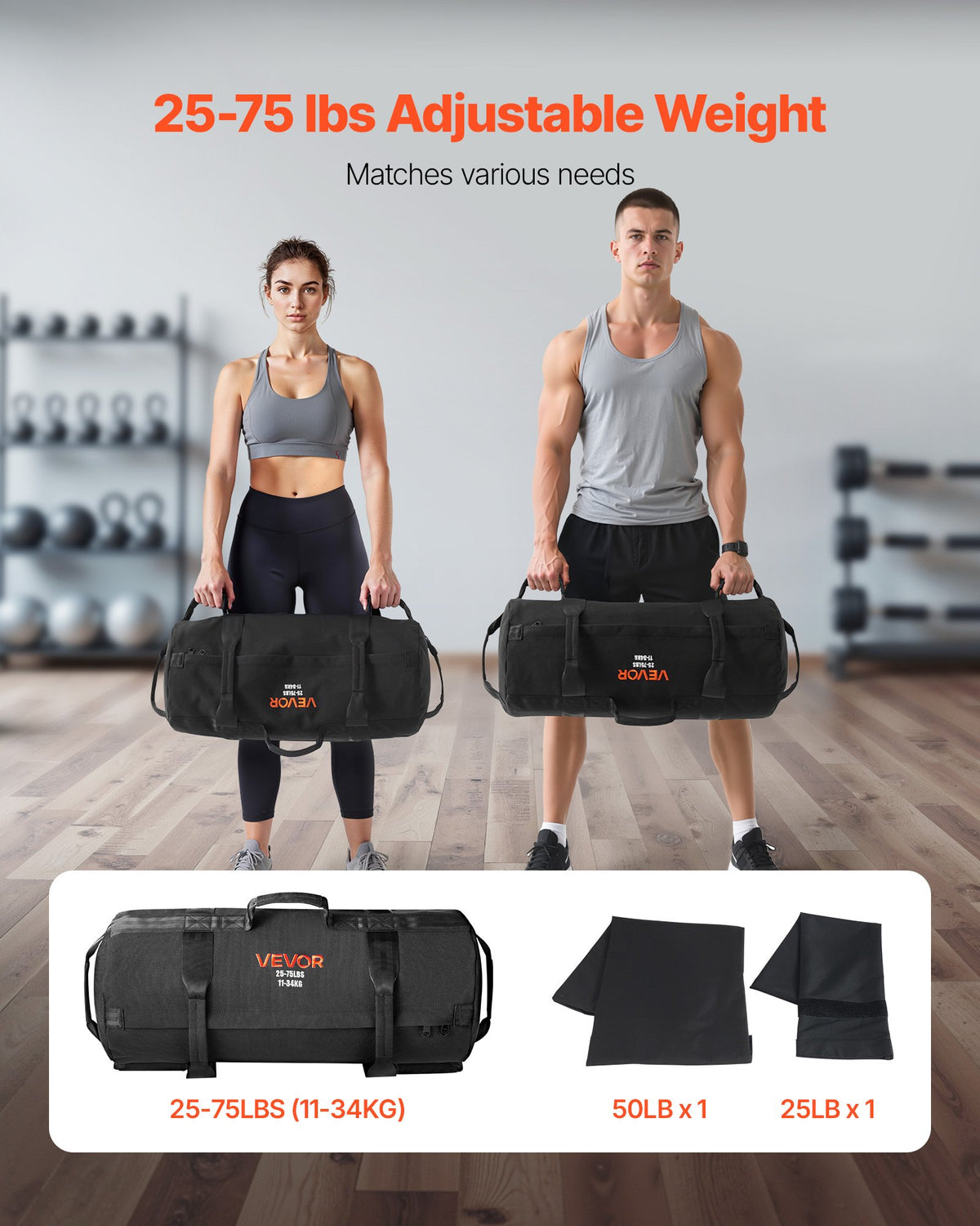 Workout Sandbag Adjustable 11-34kg Heavy Duty Handles Strength Training Black