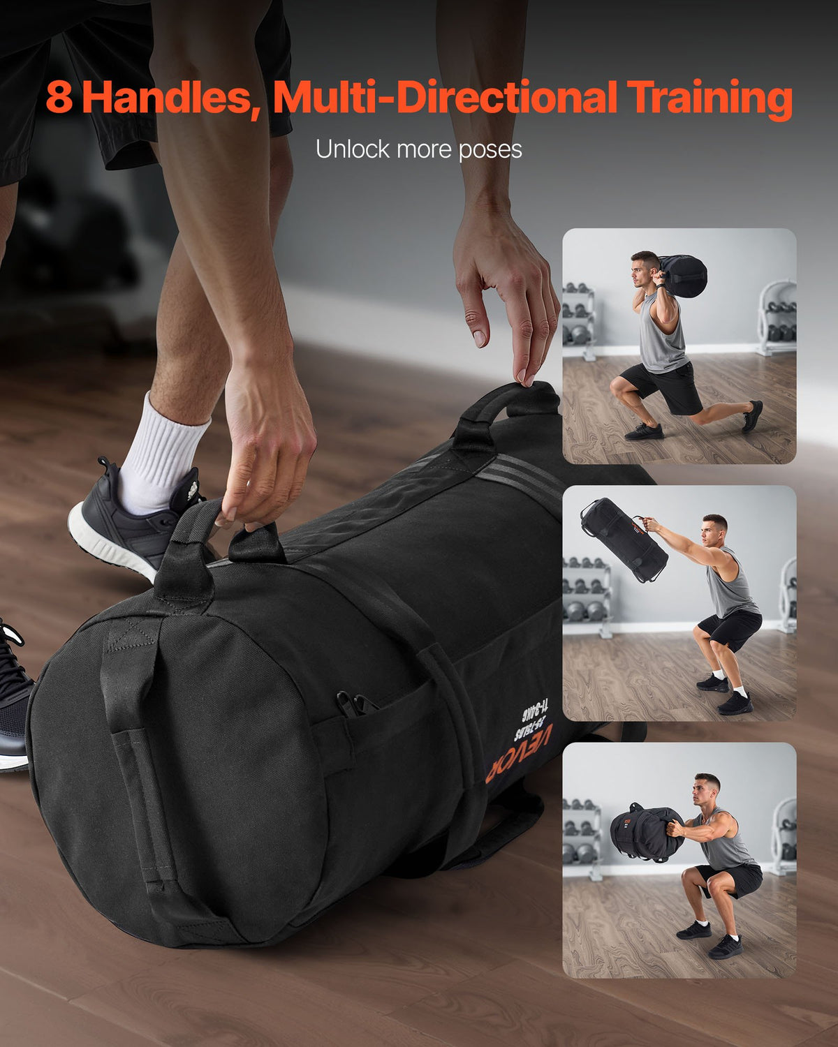 Workout Sandbag Adjustable 11-34kg Heavy Duty Handles Strength Training Black