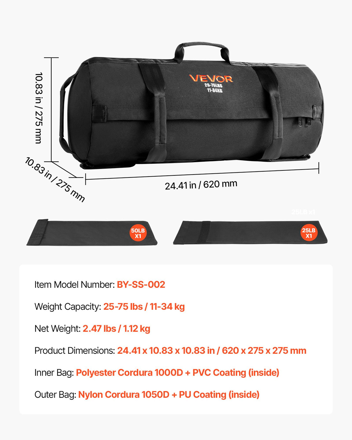 Workout Sandbag Adjustable 11-34kg Heavy Duty Handles Strength Training Black