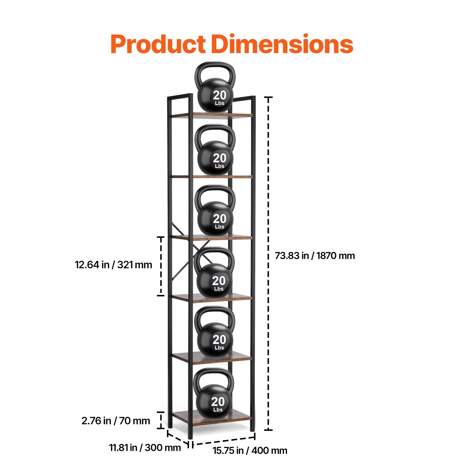 Metal 6-Tier Industrial Bookcase, Tall Narrow Rustic Open Shelf Storage Rack