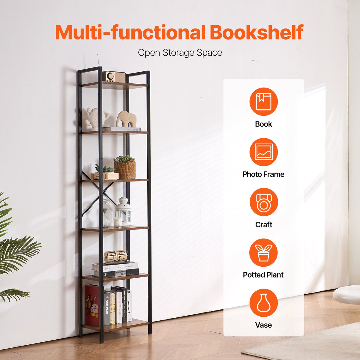 Metal 6-Tier Industrial Bookcase, Tall Narrow Rustic Open Shelf Storage Rack