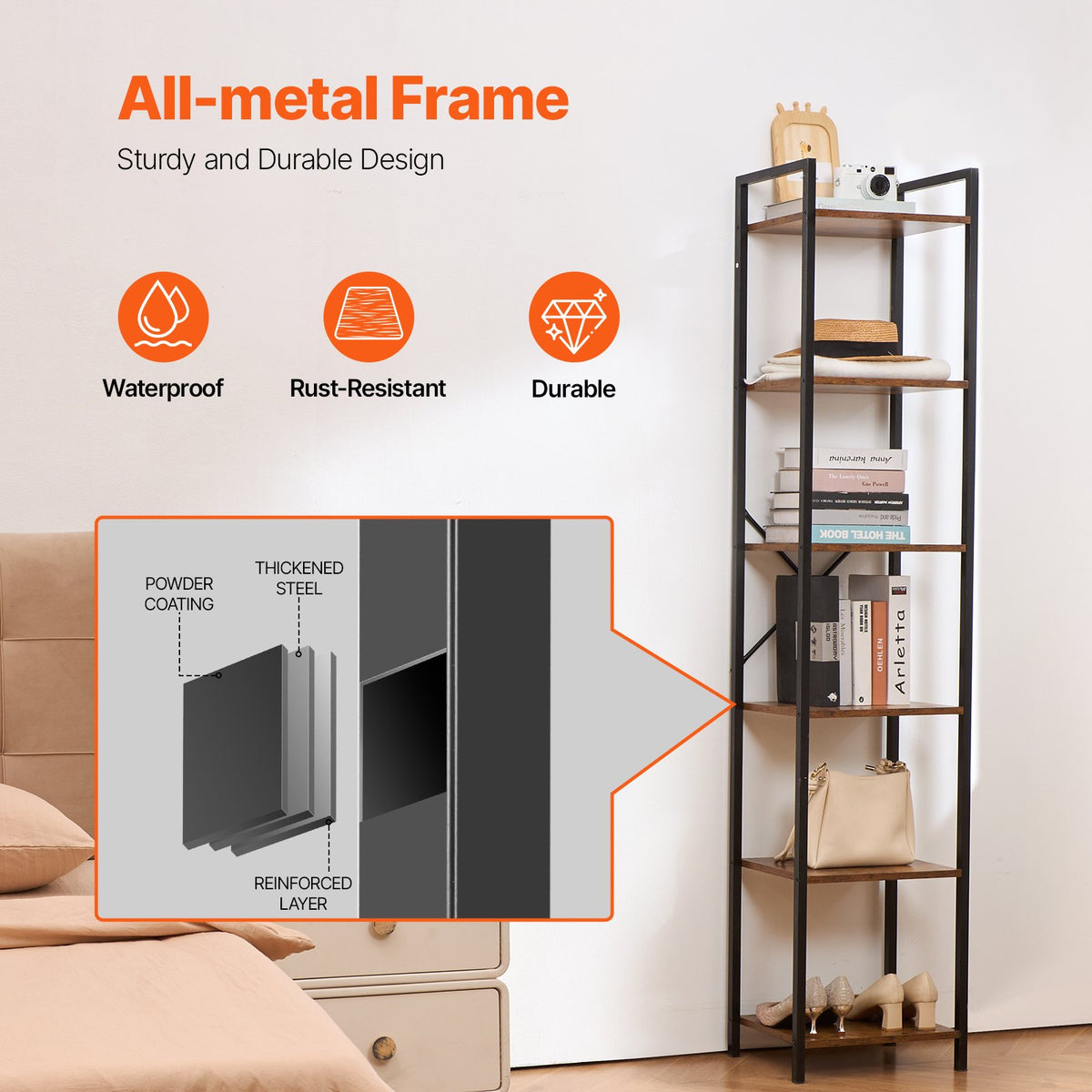 Metal 6-Tier Industrial Bookcase, Tall Narrow Rustic Open Shelf Storage Rack