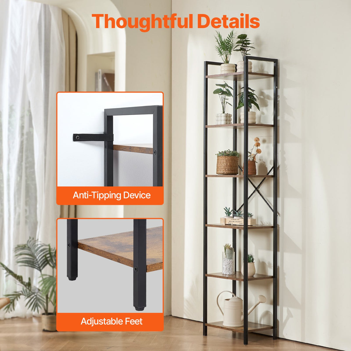 Metal 6-Tier Industrial Bookcase, Tall Narrow Rustic Open Shelf Storage Rack
