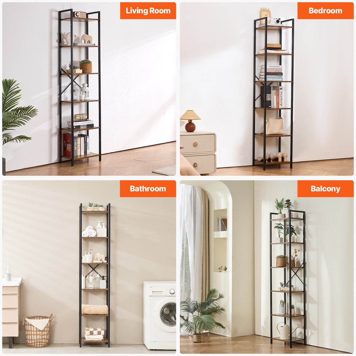 Metal 6-Tier Industrial Bookcase, Tall Narrow Rustic Open Shelf Storage Rack