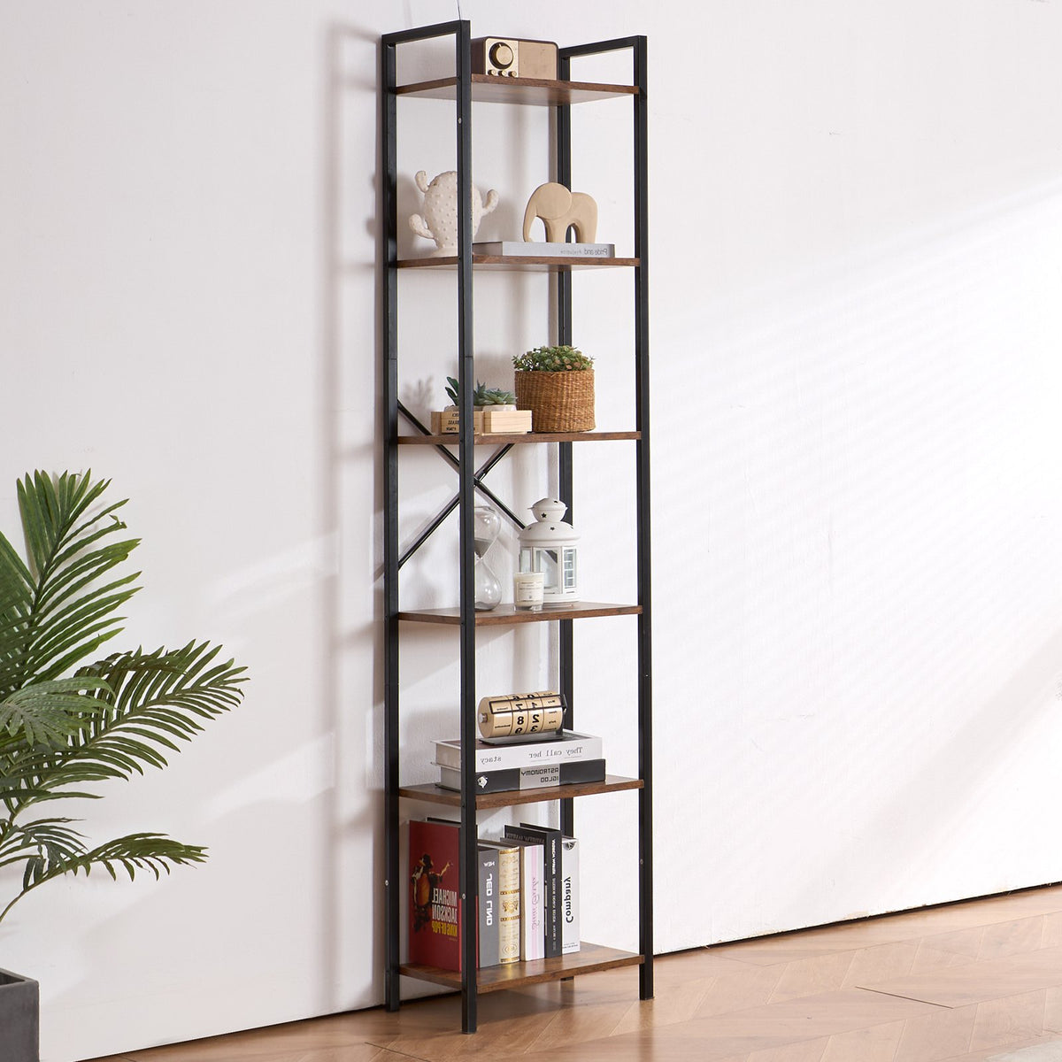 Metal 6-Tier Industrial Bookcase, Tall Narrow Rustic Open Shelf Storage Rack