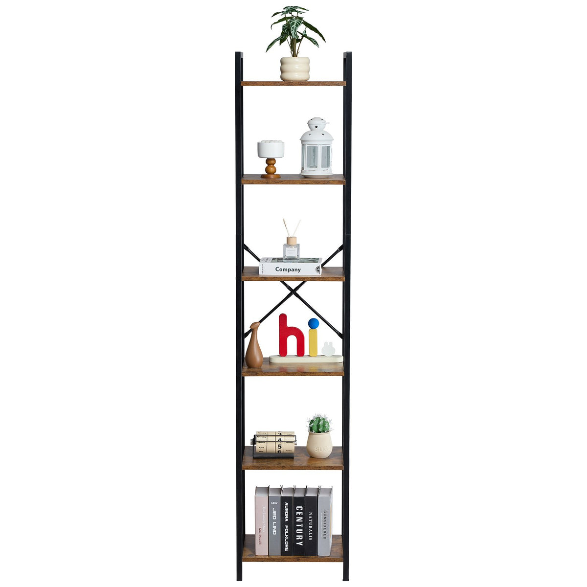Metal 6-Tier Industrial Bookcase, Tall Narrow Rustic Open Shelf Storage Rack