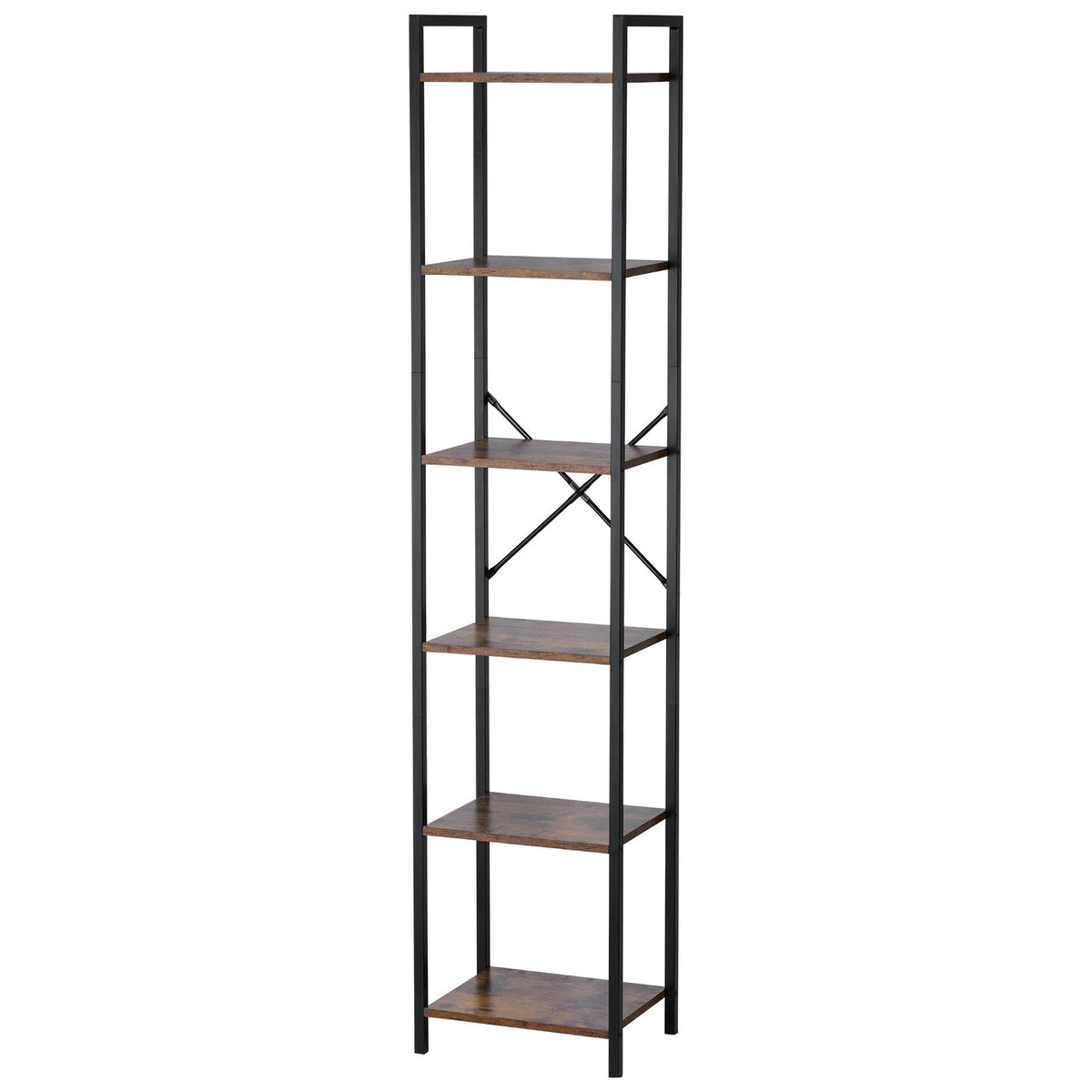 Metal 6-Tier Industrial Bookcase, Tall Narrow Rustic Open Shelf Storage Rack