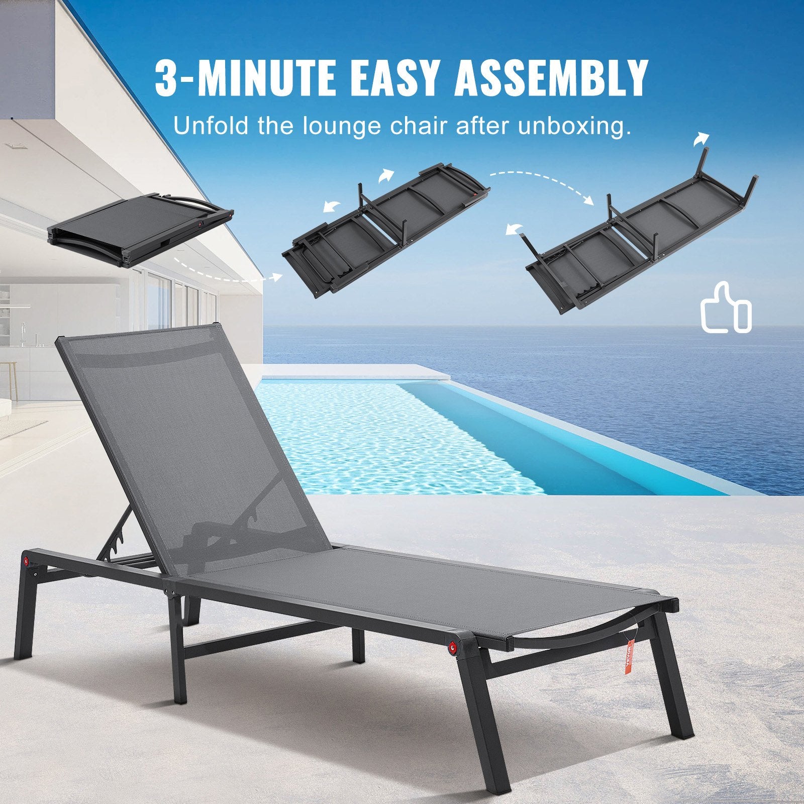 Chaise Lounge Chair Outdoor Aluminum 5-Position Adjustable Folding Recliner