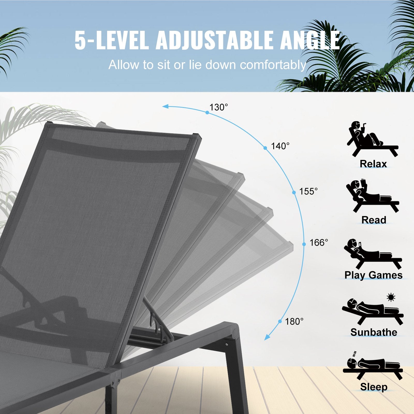 Chaise Lounge Chair Outdoor Aluminum 5-Position Adjustable Folding Recliner