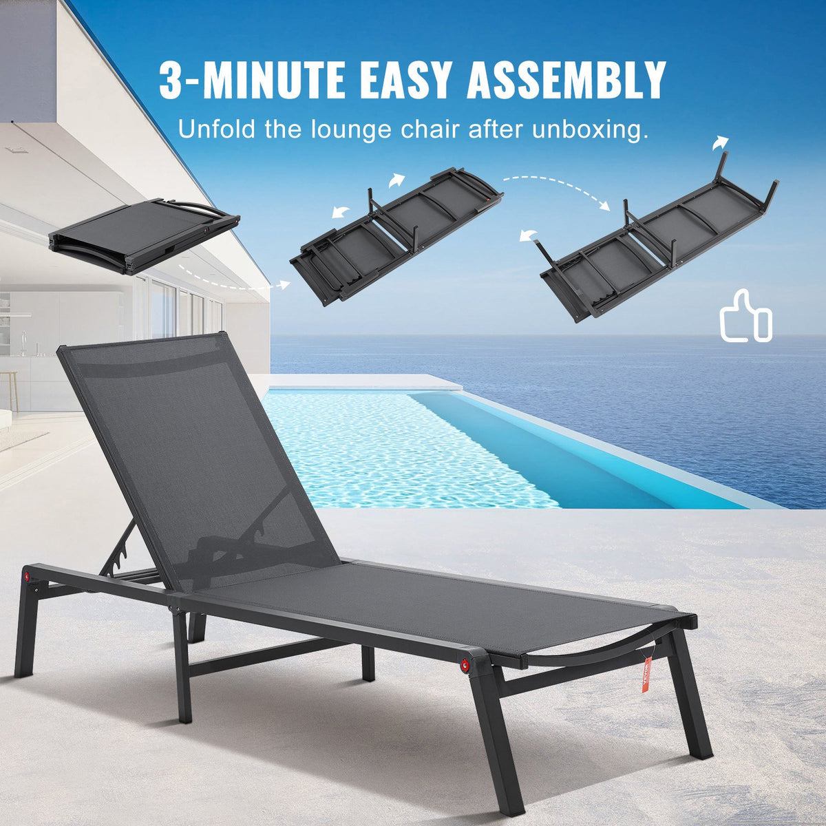 2PCS Outdoor Chaise Lounge Chairs Aluminum Folding Recliner 5-Position Dark Grey