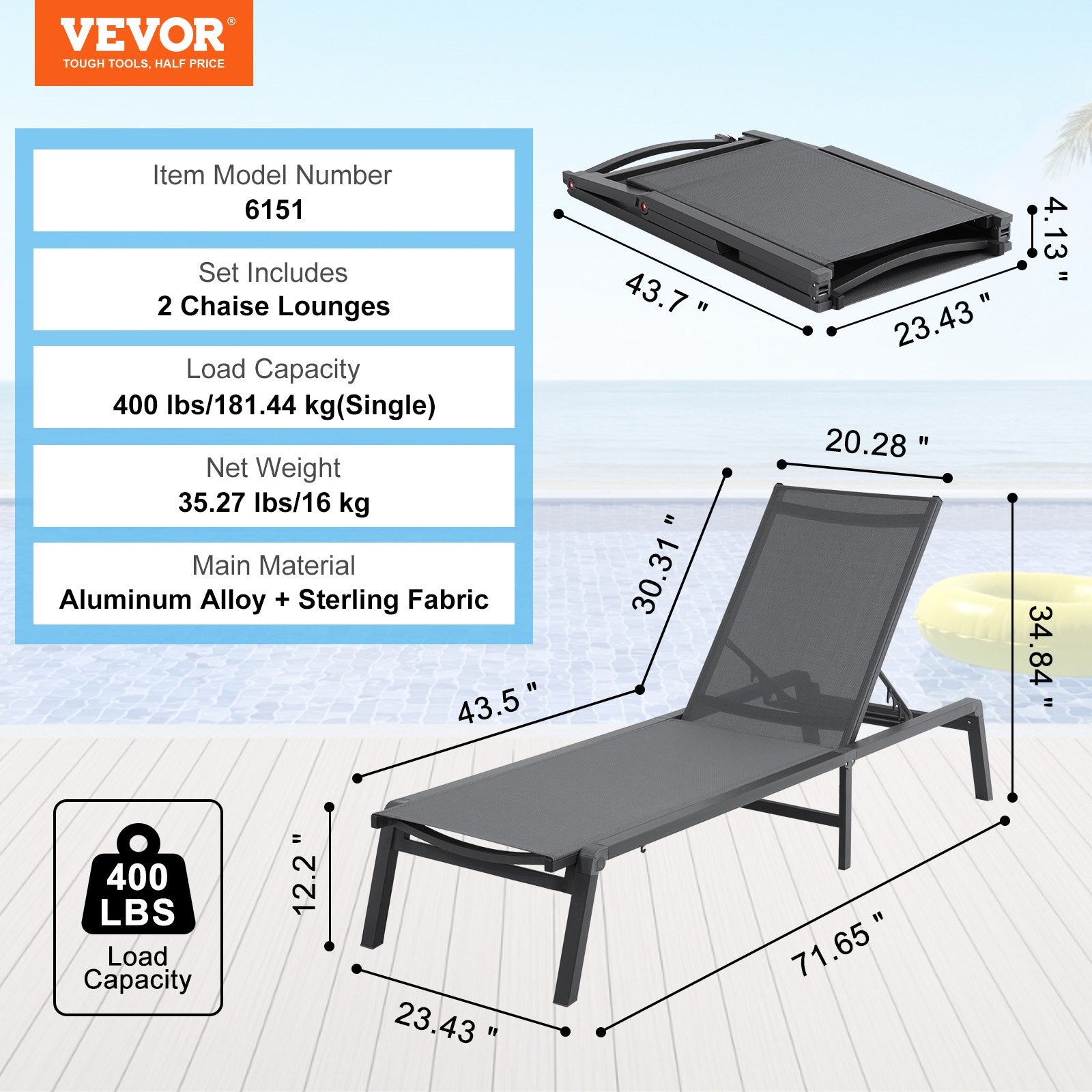 2PCS Outdoor Chaise Lounge Chairs Aluminum Folding Recliner 5-Position Dark Grey