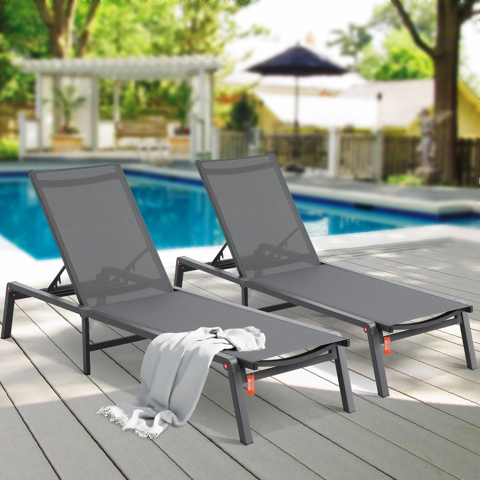 2PCS Outdoor Chaise Lounge Chairs Aluminum Folding Recliner 5-Position Dark Grey