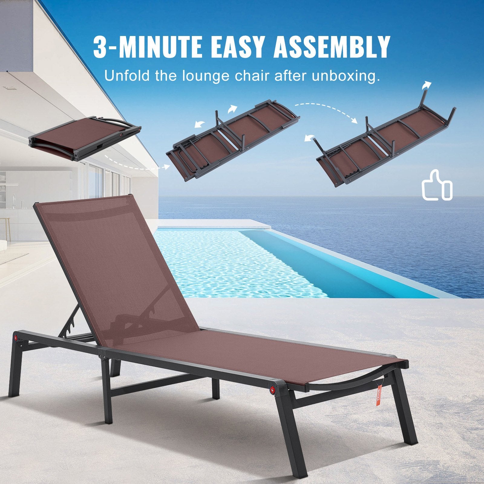 Chaise Lounge Chairs Outdoor Aluminum 5-Position Folding Recliners Brown 2pcs