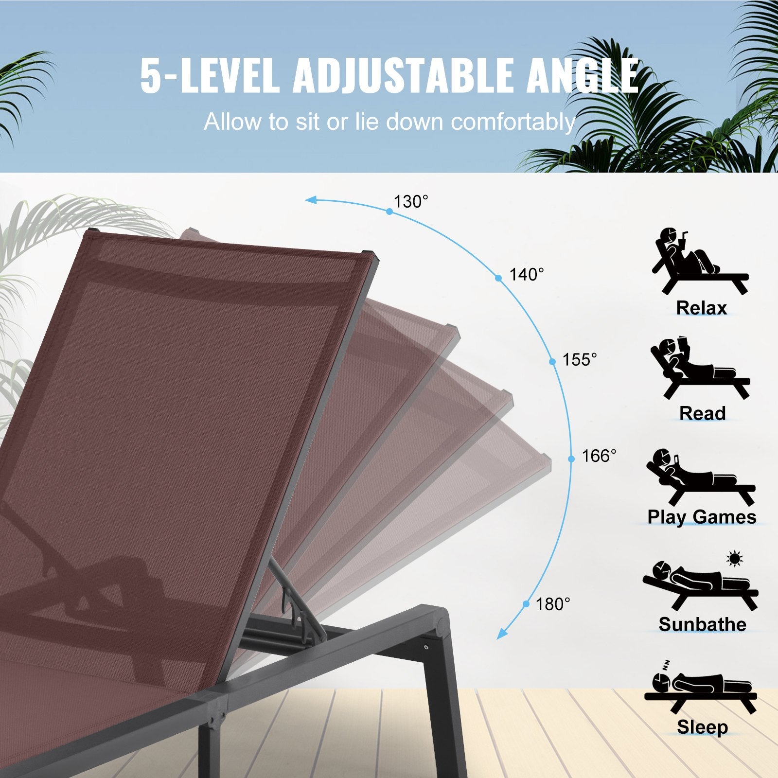Chaise Lounge Chairs Outdoor Aluminum 5-Position Folding Recliners Brown 2pcs