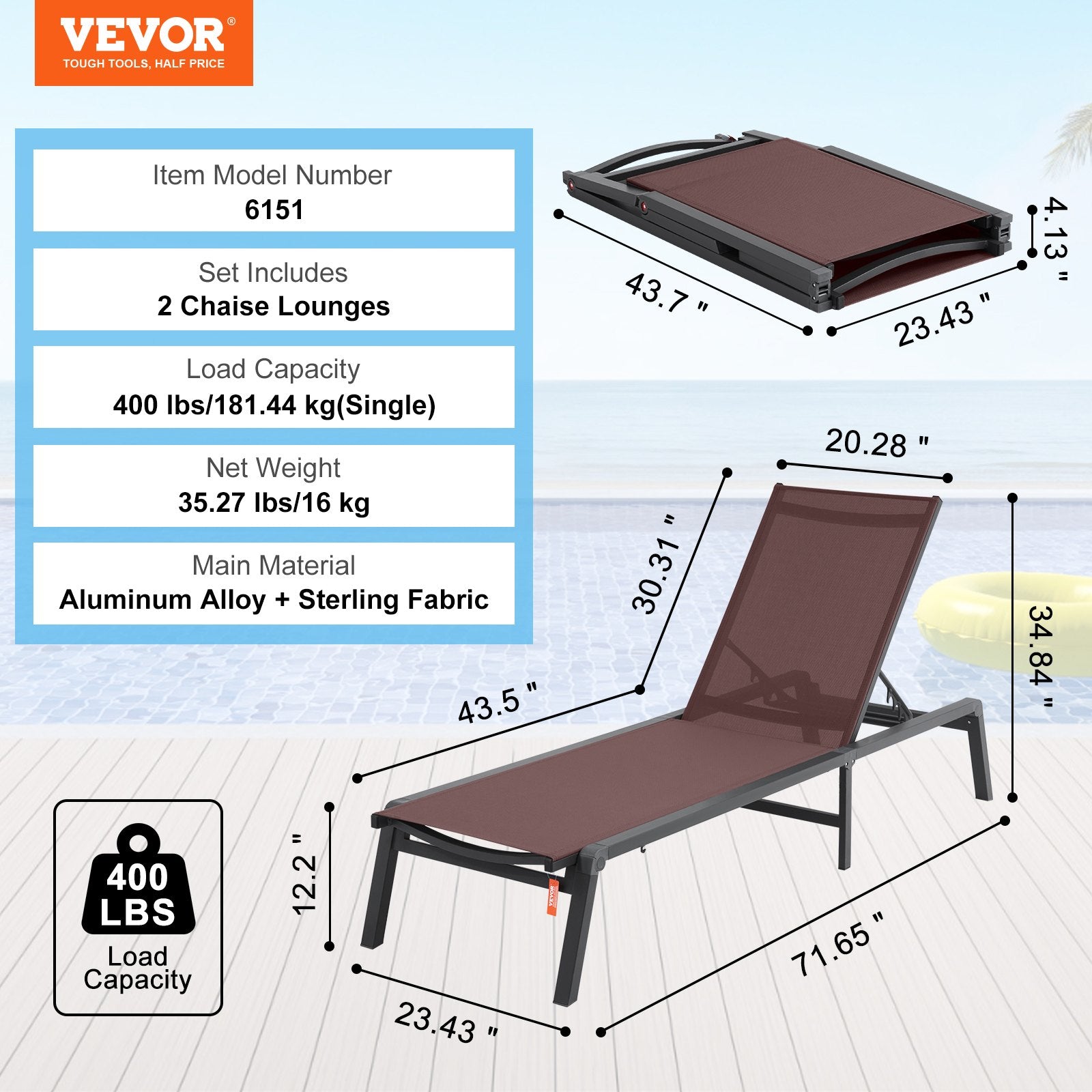 Chaise Lounge Chairs Outdoor Aluminum 5-Position Folding Recliners Brown 2pcs
